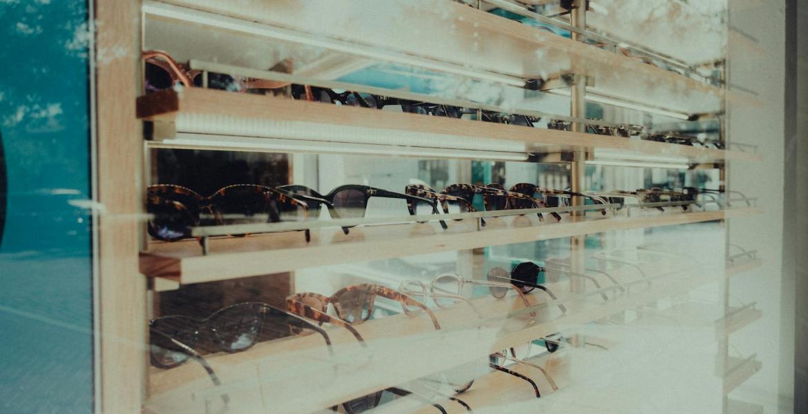 glasses on display in an optical store
