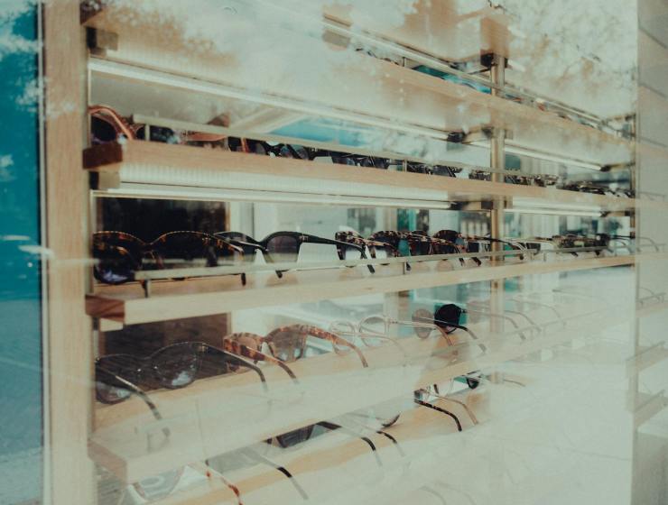 glasses on display in an optical store