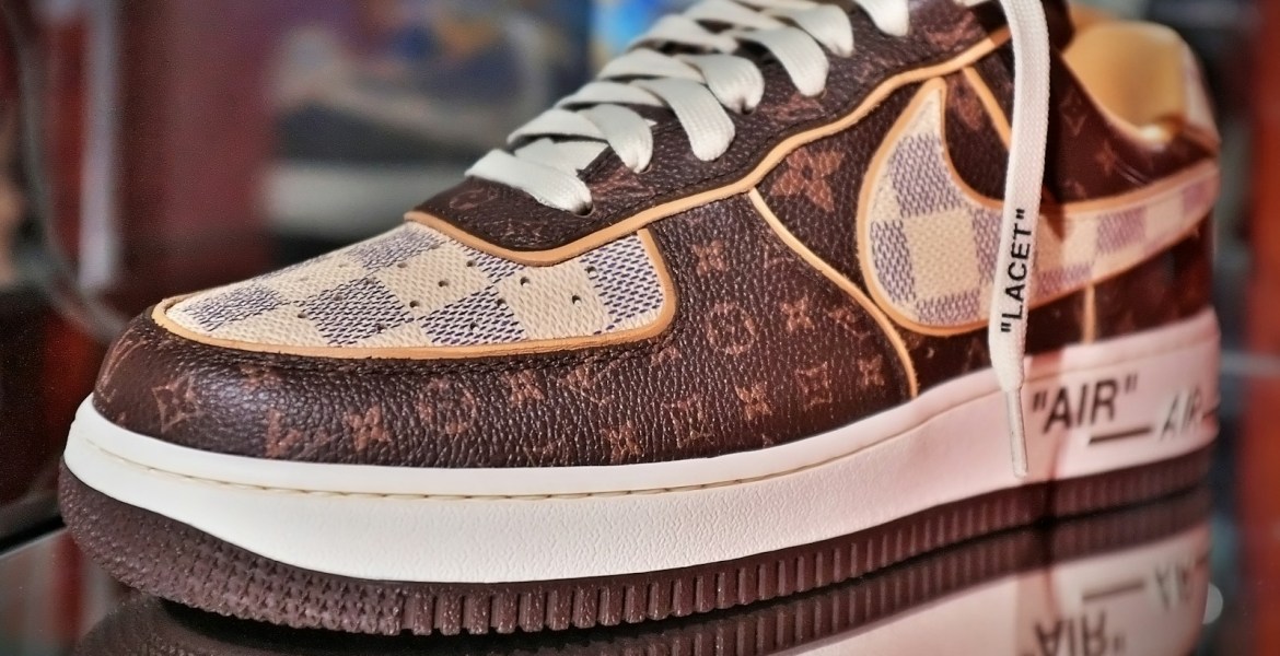 a brown and white nike air force sneakers