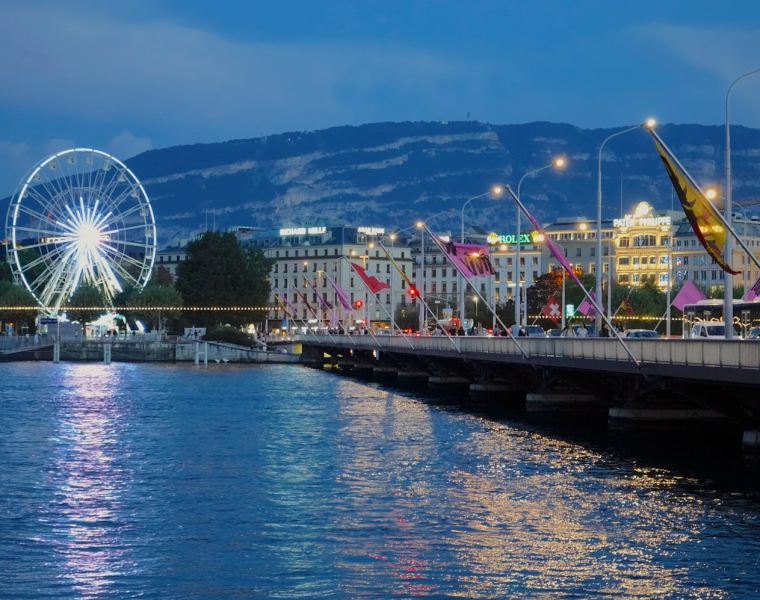 a pier with a ferris wheel and buildings by it