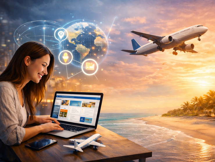 girl using a computer and dreaming of travel