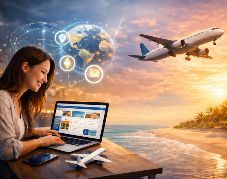 girl using a computer and dreaming of travel