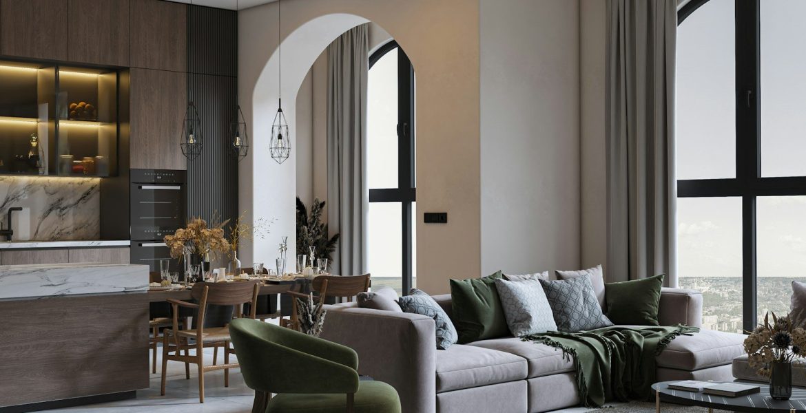 a living room filled with furniture and a large window