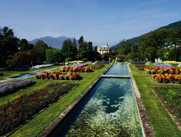 a garden filled with lots of flowers next to a river