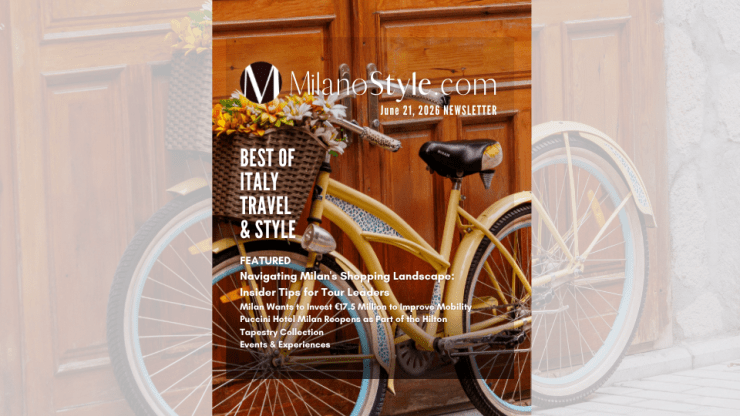 Milanostyle newsletter cover a yellow bike against a door in milan