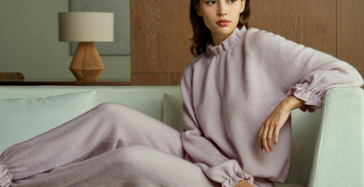 Woman in light purple pajamas relaxing on sofa.