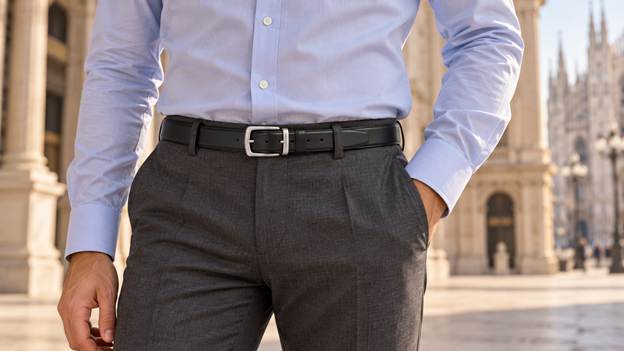 man wearing a belt , with the Milan Duomo in the background